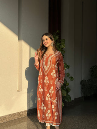 Mehroo Rust Designer Chikankari Kurta